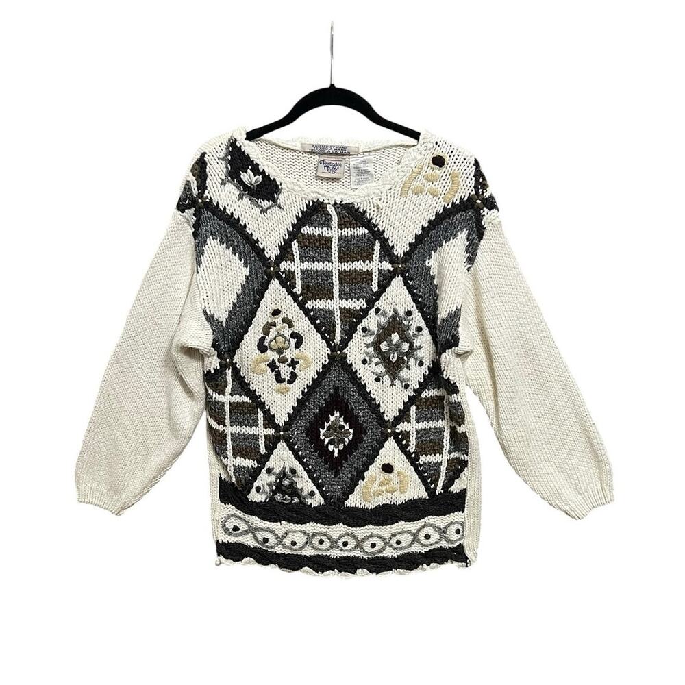 Vintage Cottage Handknit Granny Huntington Ridge Embroidered Sweater Sz L